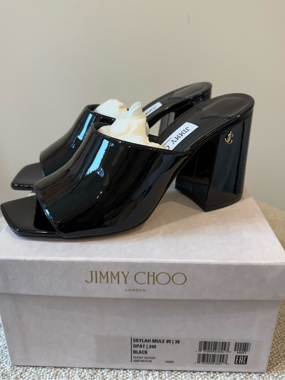 Jimmy Choo Skylah Black Patent Leather Open-Toe Block Heel Mules